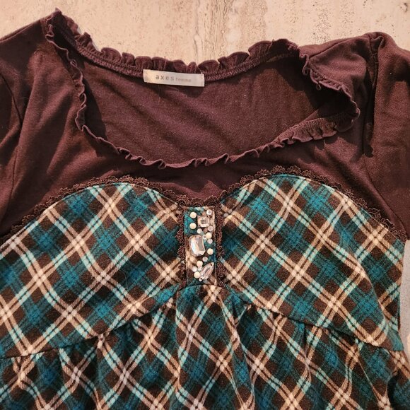 Axes Femme Green and brown plaid and ruffle top size Med - Picture 2 of 6
